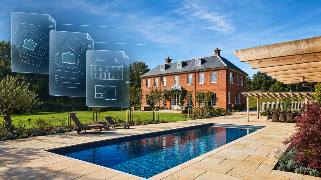 Illustrative house and swimming pool with overlays representing planning records and property checks.