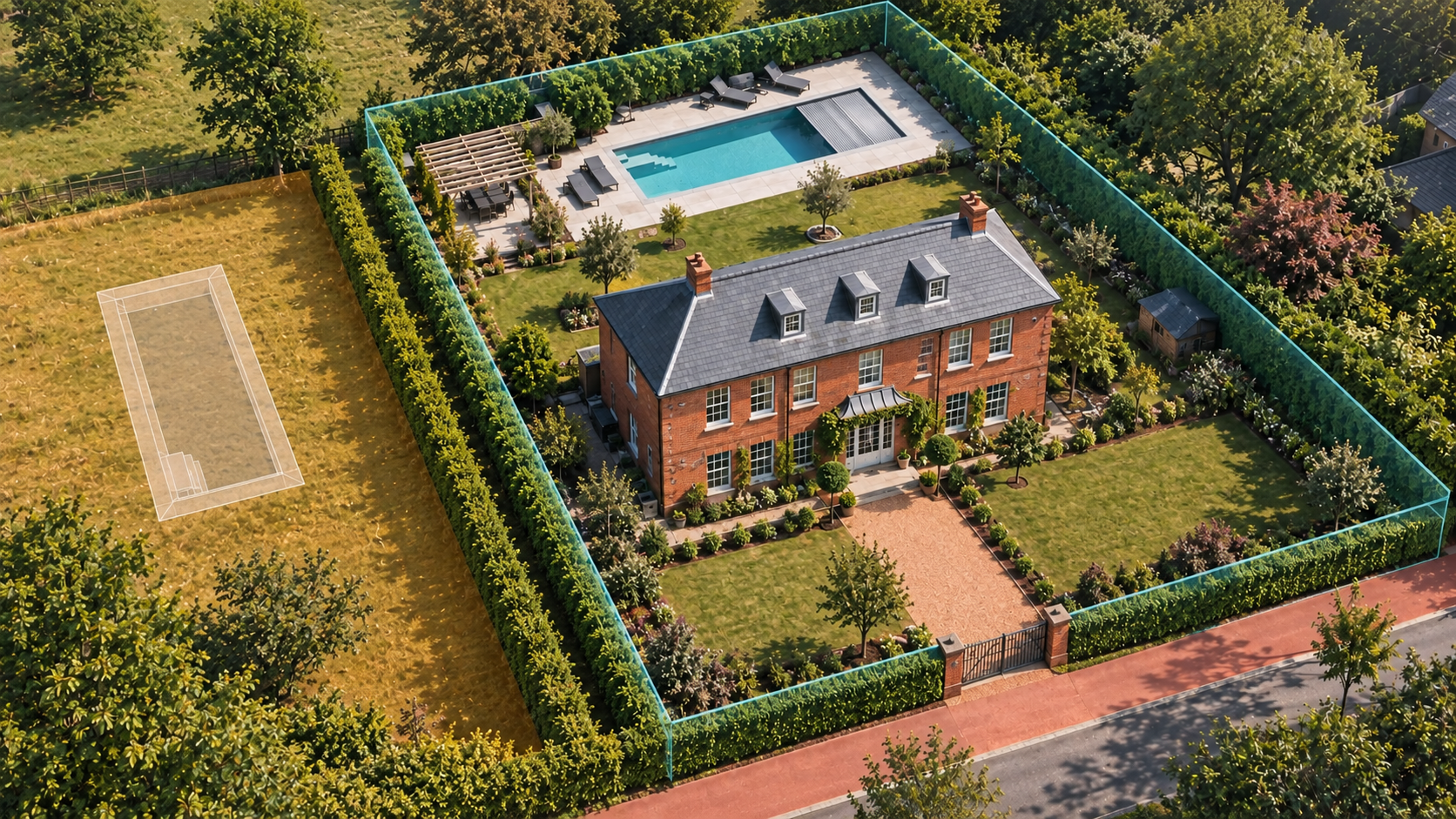 Illustrative property plan distinguishing the domestic garden from an adjoining paddock.