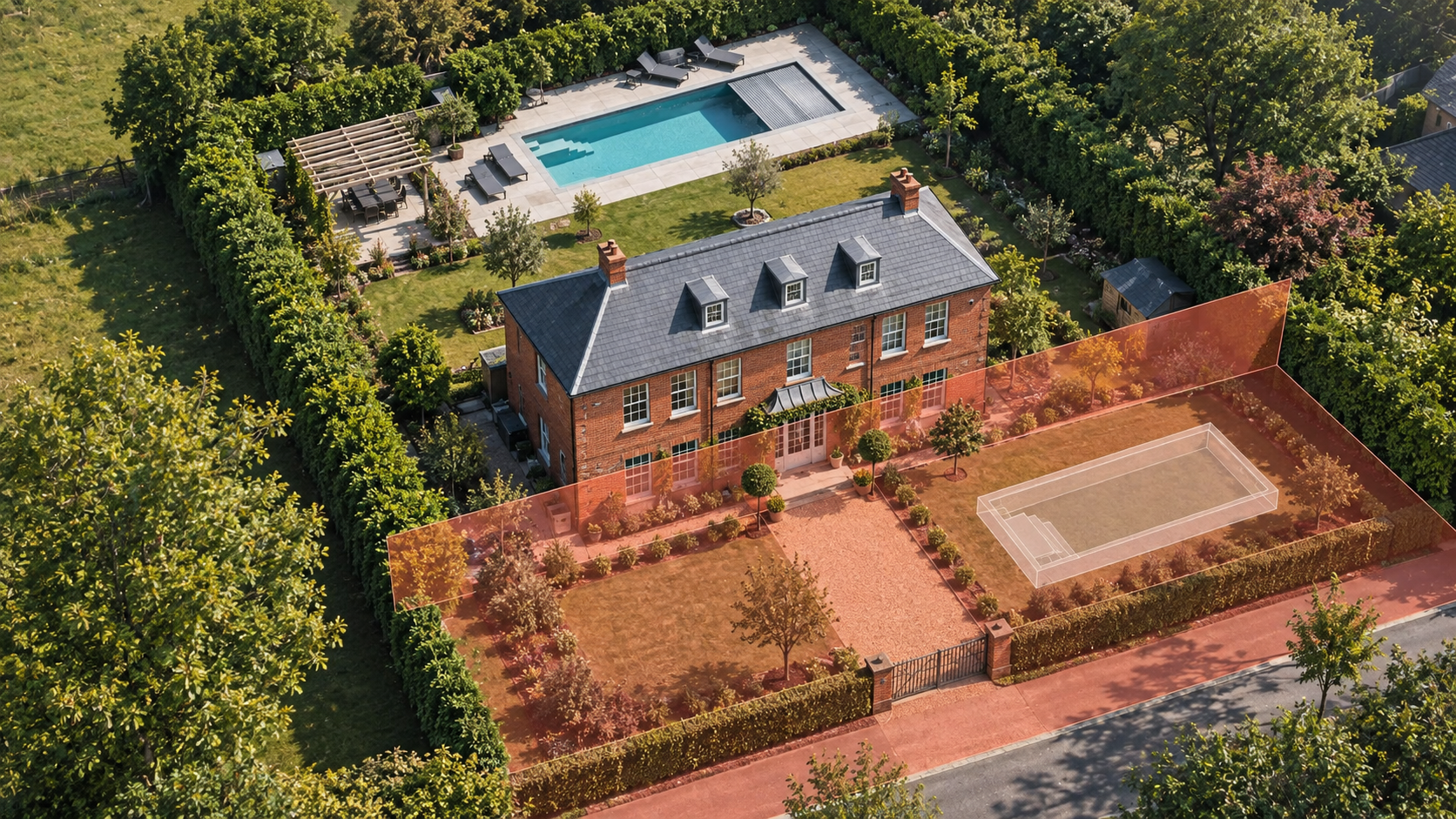 Aerial illustration with the original house front line extended across the plot and a proposed pool in the coral area forward of it.