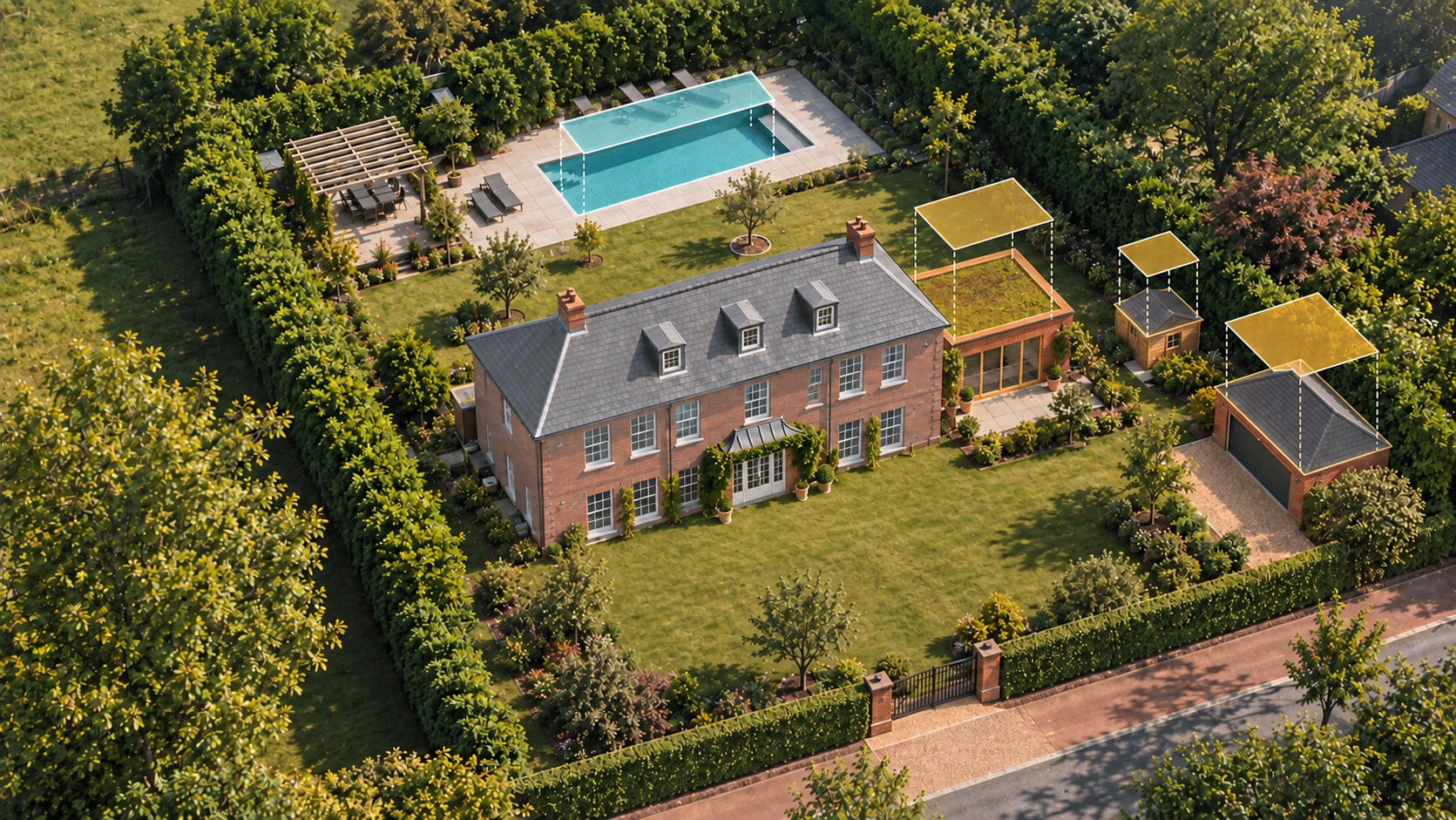Aerial illustration highlighting the pool in blue and later extensions and outbuildings in amber.