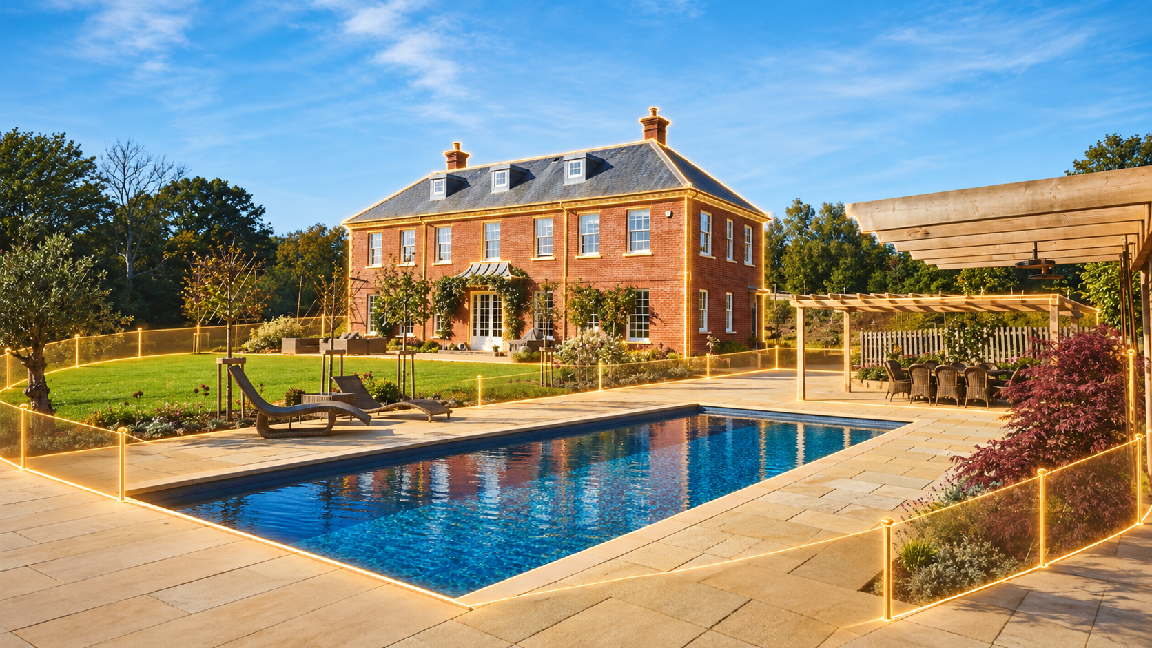 Hypothetical listed-building illustration showing a house and its surrounding garden highlighted in gold.