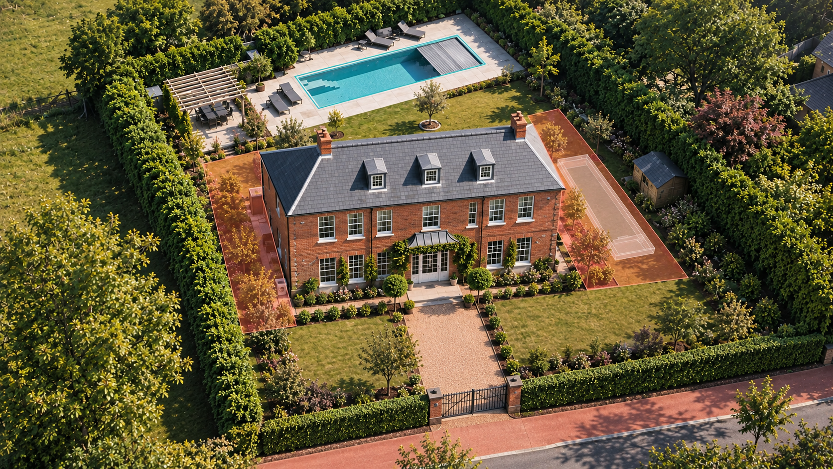 Aerial illustration highlighting strips between the side walls of a house and the garden boundaries in coral.