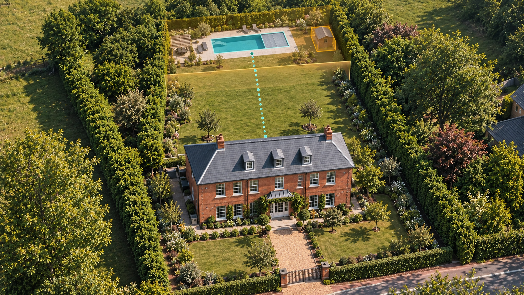 Aerial illustration showing a distance guide from a house to a highlighted pool and outbuilding zone at the far end of the garden.