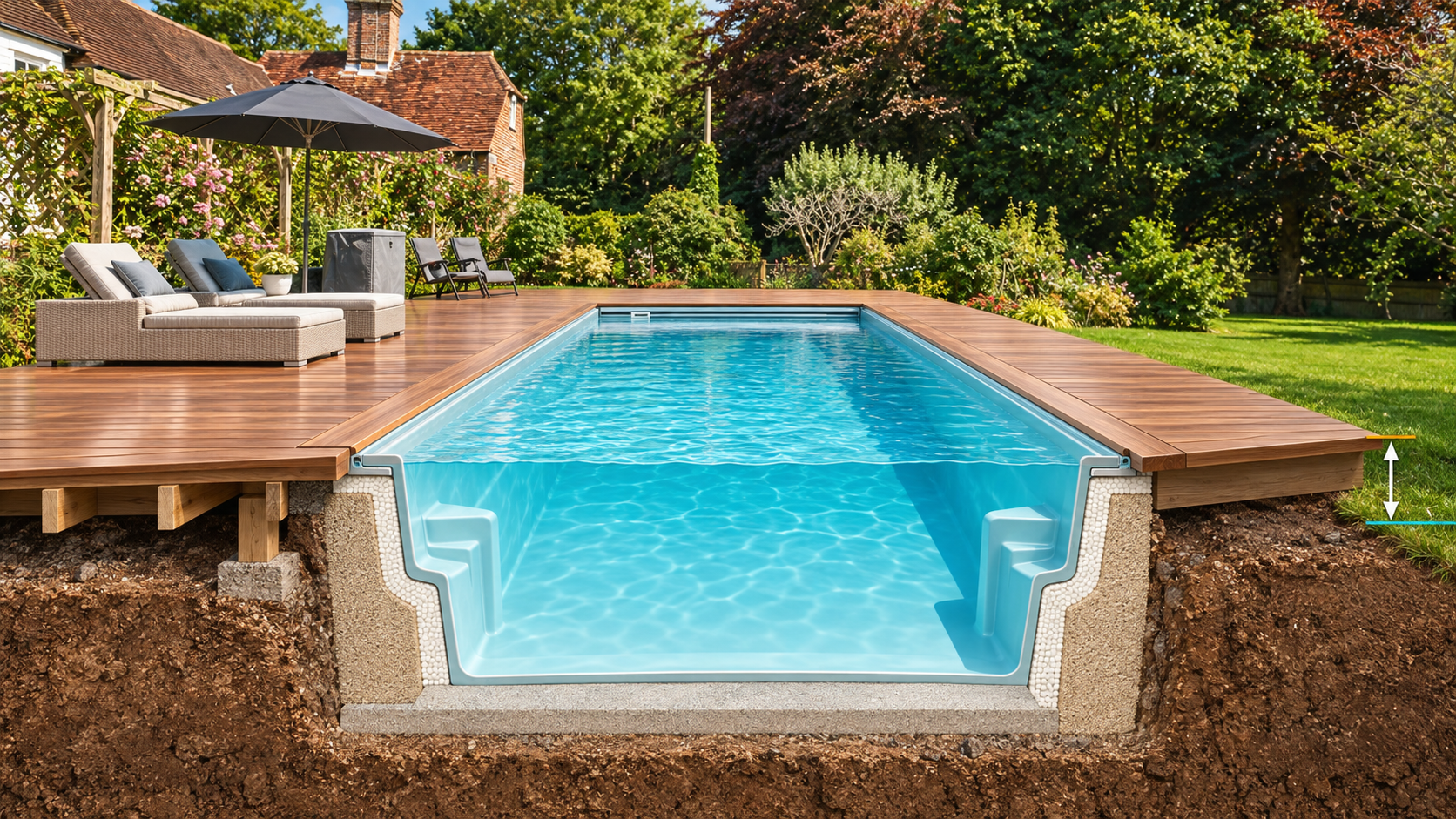 Cutaway illustration of a Compass-style pool integrated into raised decking, with an arrow from the deck edge to the adjacent lawn.