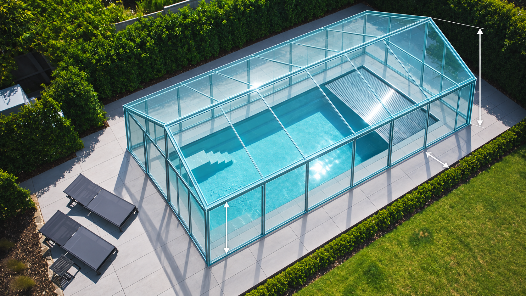 Illustration of a transparent pitched-roof pool hall with arrows indicating eaves, total height and boundary distance.