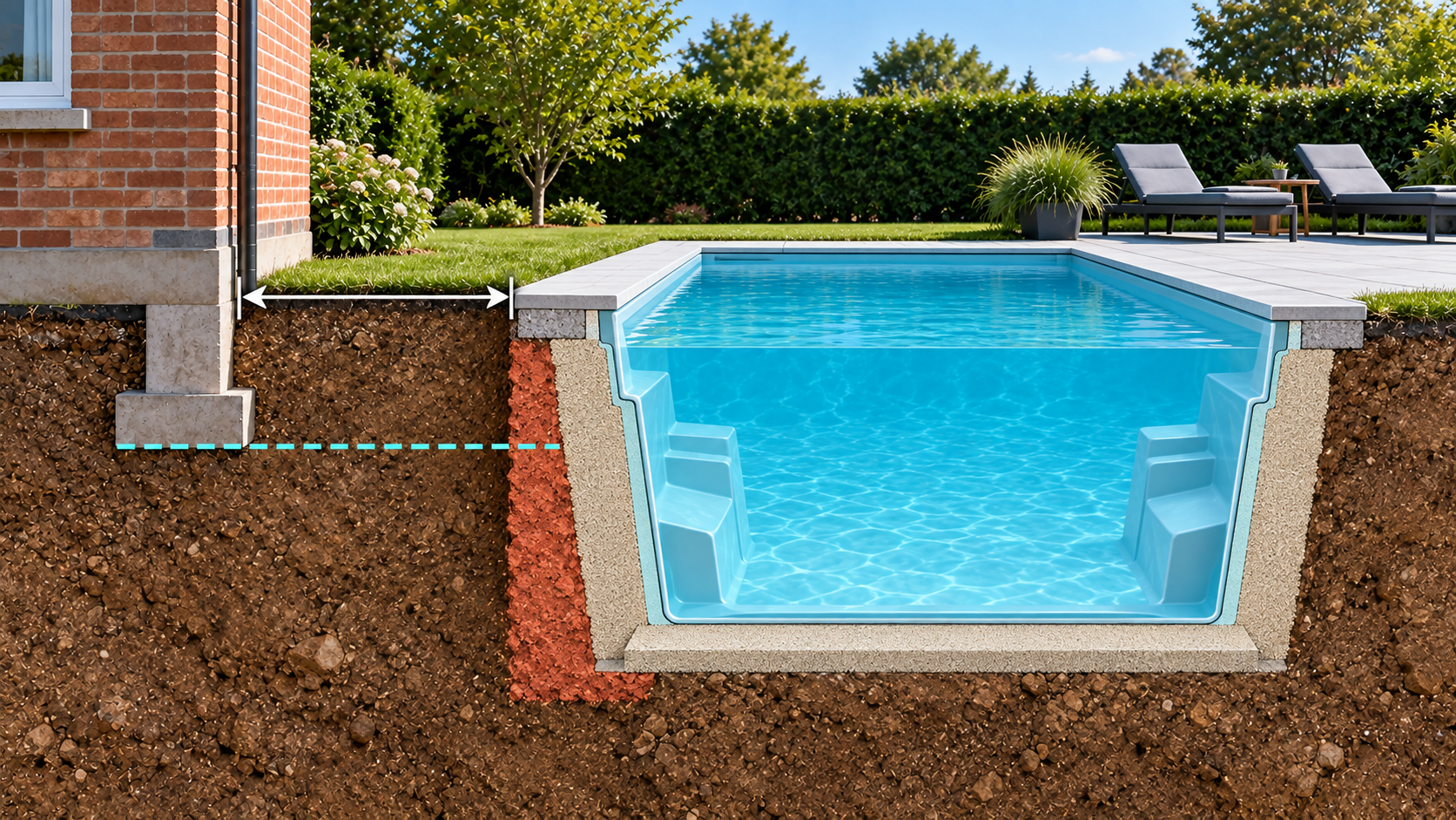 Cutaway illustration of a ground-level Compass-style pool beside a neighbouring building, showing its foundation depth and the excavation.