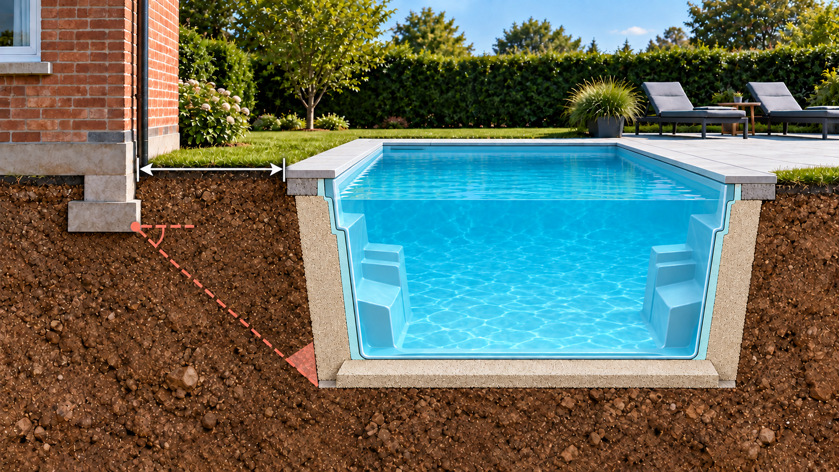 Cutaway illustration of a ground-level Compass-style pool with a diagonal depth-test guide starting at the underside of a neighbouring footing.